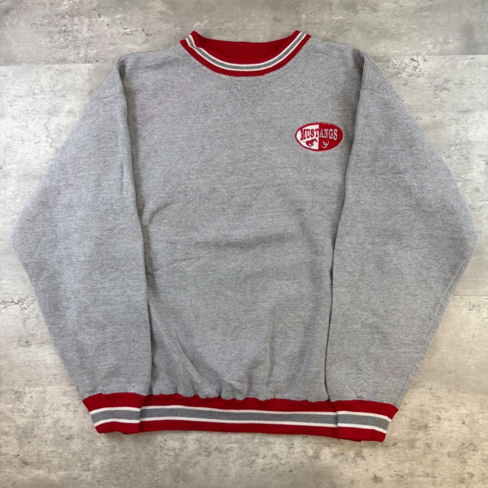 BAC Premier Mustangs Sweatshirt Mens Medium Gray Red Striped Trim Pullover Vtg